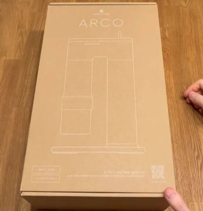 External packaging of the ARCO with white printed ARCO outline on the front